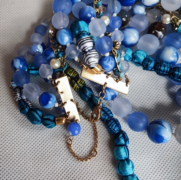 5 Strand Blue Acrylic Bauble Stone Rhinestone & Fabric Beaded Unsigned Necklace - Picture 6 of 12